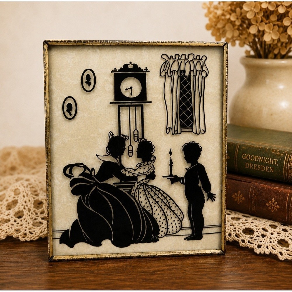 Vintage Reverse Painted Silhouette Glass Wall Plaque Victorian Family Scene